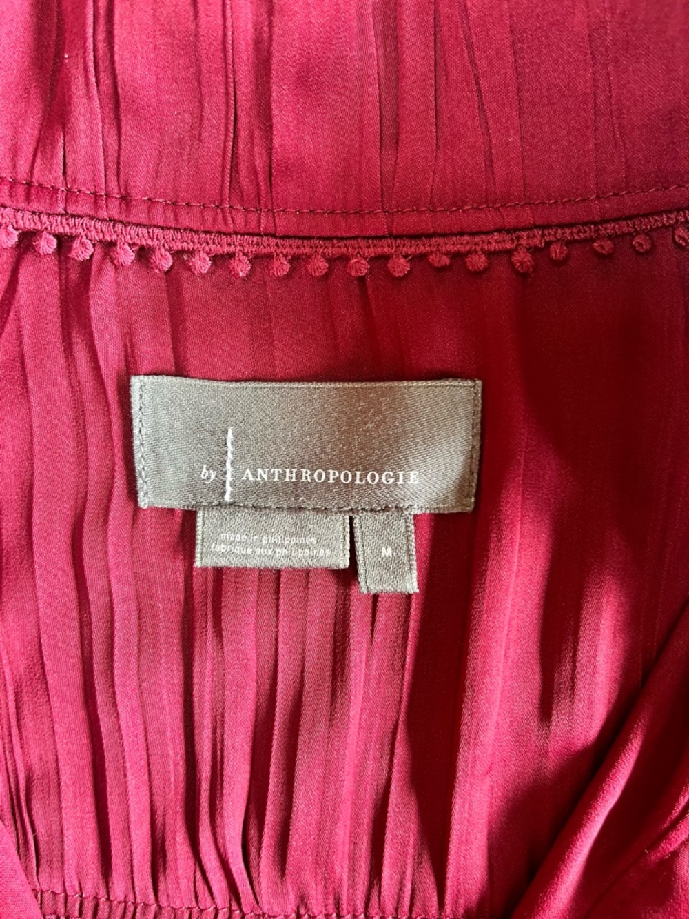 Anthropologie Pleated Button-Front Satin Blouse in Berry Red - Medium - Picture 3 of 6